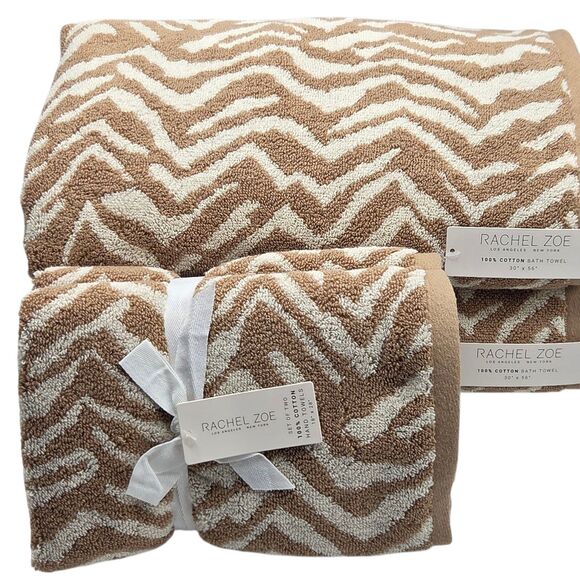 Rachel Zoe 4pc Tan Beige Chevron Print Cotton Towel Set 2 Bath 2 Hand - Picture 2 of 7